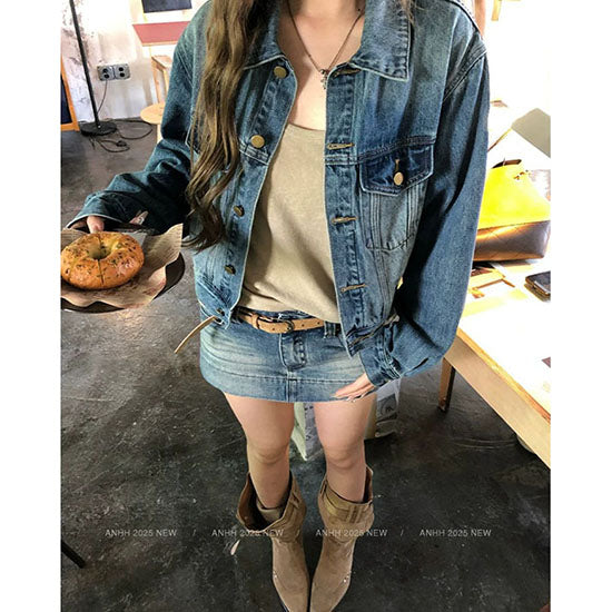 LF  ヴィンテージ風デニムジャケット+ハイウエストスカパン セットアップ 細見せ 脚長効果 アメカジ カジュアル