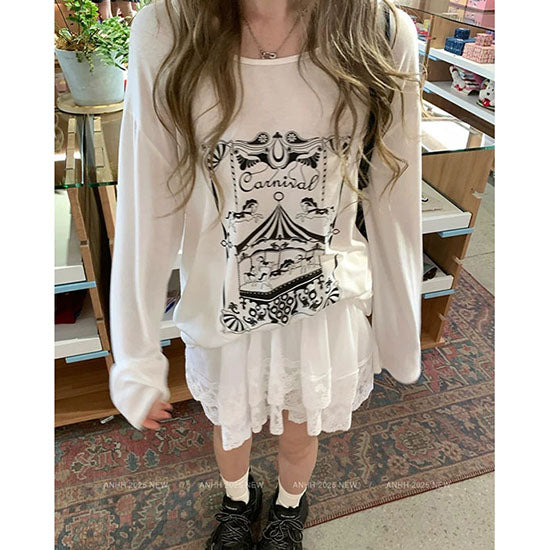 LF  【2色展開】回転木馬プリント 薄手長袖トップス レースフリルスカート セットアップ 韓国ファッション ガーリーコーデ