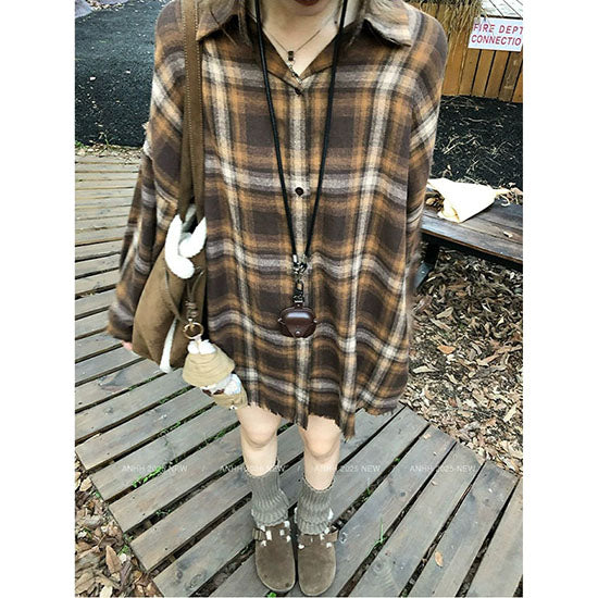 LF  レトロ  チェック柄  長袖シャツ  ゆったり  ニットカーディガン  セーターコート  着痩せ