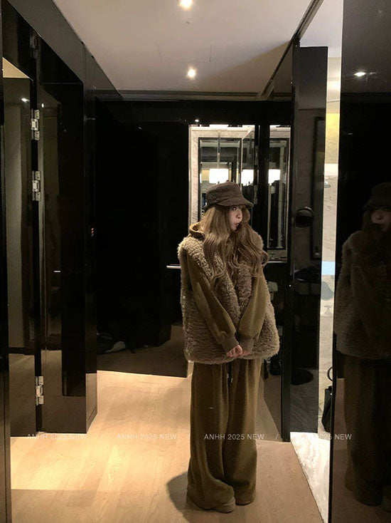 LF  フェイクラムウール  ベストコート  ノースリーブ  ゆったり  アウター