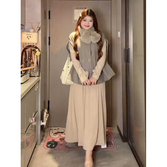 LF  毛襟マント 羽織 コート ワンピース セット