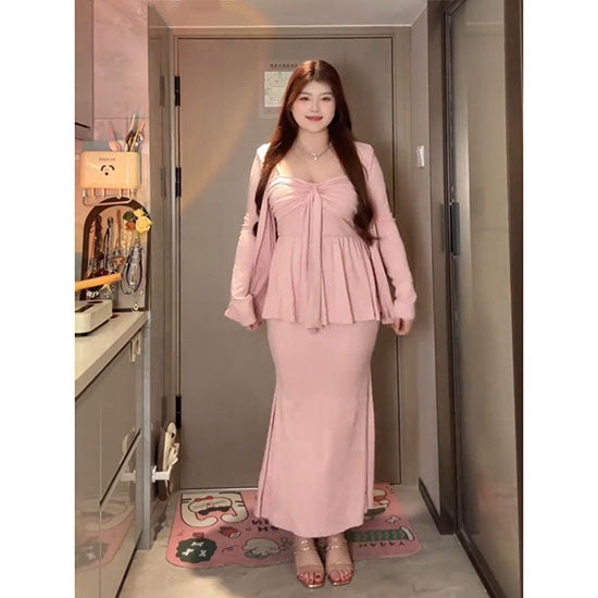 LF フリル付きピンクトップス 3点セット フェミニン 体型カバー ロング丈