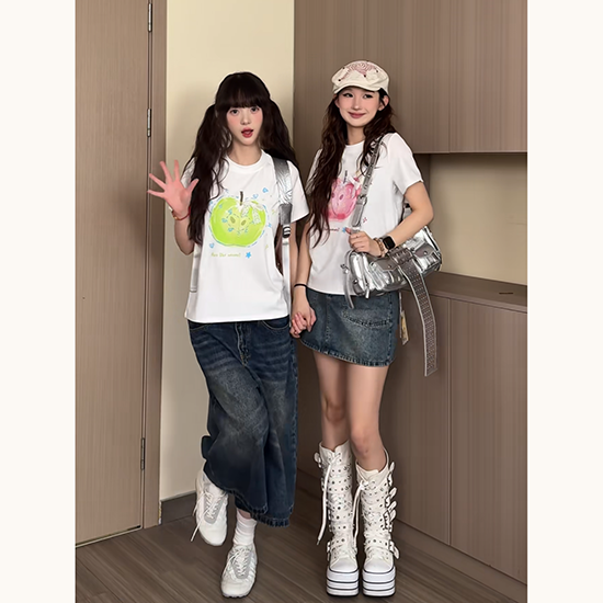 LF04  夏新作  かわいい風  フルーツリンゴプリント  Tシャツ  ゆったり