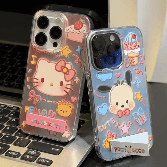 LF 可愛い ポチャッコ&ハローキティ スマホケース  携帯電話ケース  折り畳み式スタンド付き