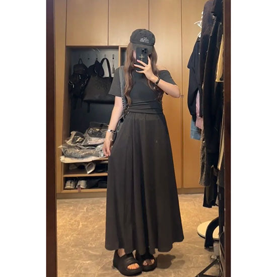 LF  【2点セット】カジュアル  オシャレ  オフショルダー  ロングスカート  後ろ紐結びデザイン  Anne