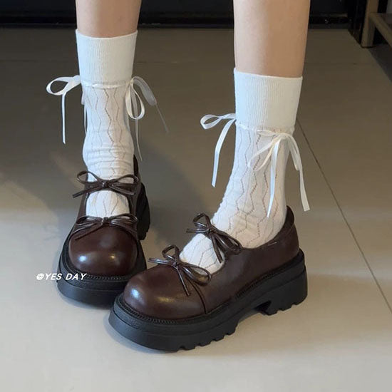 LF  かわいい  リボン  厚底  レトロ  パンプス  ローファー