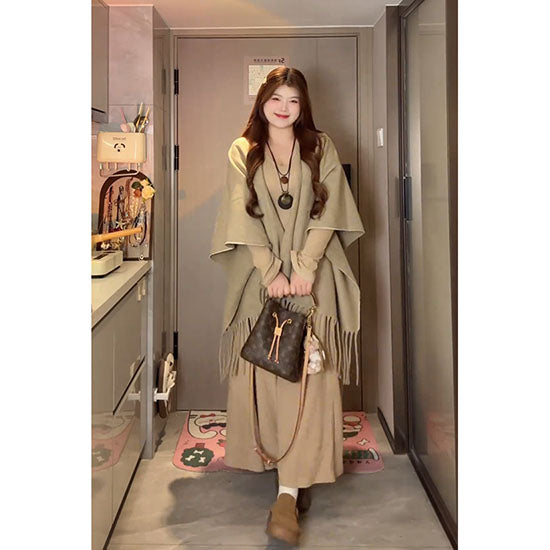 LF  ワンピース＋フリンジ付きショール 2点セット  体型カバー  ナチュラル  エレガント