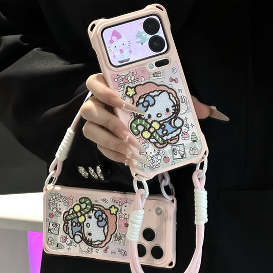 LF ハローキティ 刺繍 スマホケース ストラップ付き ピンク キャラクター 耐衝撃 かわいい