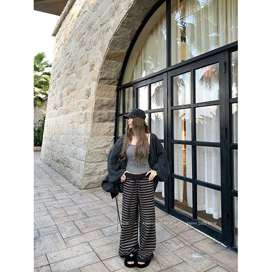 LF  ふわふわ  ゆったり  ニットカーディガン  セーターコート & ボーダーニットカジュアルパンツ