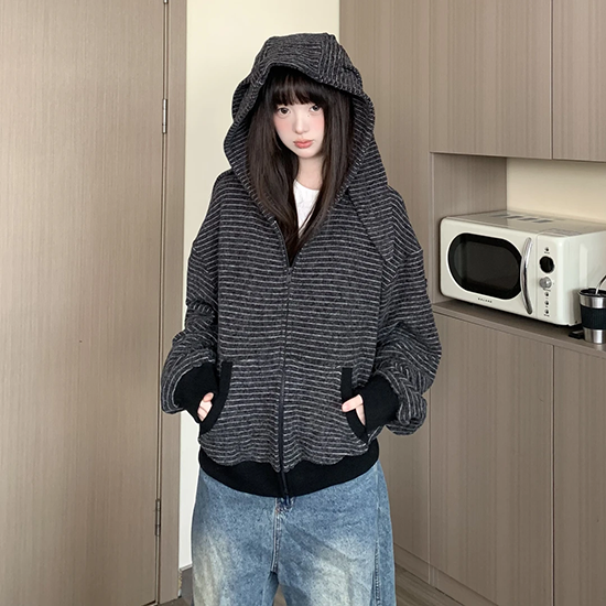 LF04  ウサギ耳  ボーダーパーカ  カーディガンコート  カジュアル  ゆったり