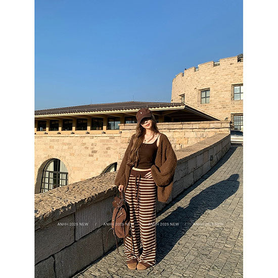 LF  ふわふわ  ゆったり  ニットカーディガン  セーターコート & ボーダーニットカジュアルパンツ