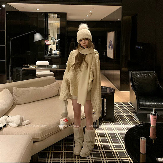 LF  大人可愛いニットセット  ベージュケーブルニット トップス×ショートパンツ×マフラー 3点セット