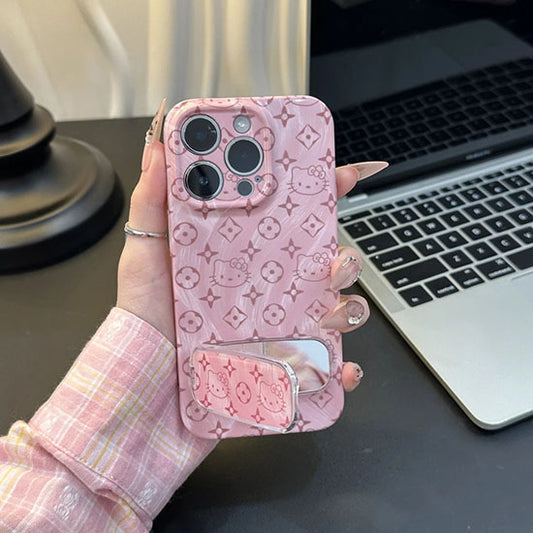 LF  かわいい  ピンクKT   化粧鏡付きスマホケース  携帯電話ケース  粘着式スマホホルダー付き
