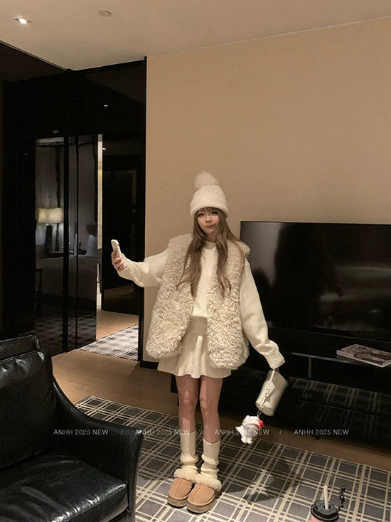 LF  フェイクラムウール  ベストコート  ノースリーブ  ゆったり  アウター