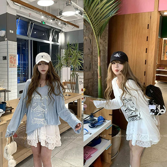 LF  【2色展開】回転木馬プリント 薄手長袖トップス レースフリルスカート セットアップ 韓国ファッション ガーリーコーデ