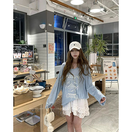 LF  【2色展開】回転木馬プリント 薄手長袖トップス レースフリルスカート セットアップ 韓国ファッション ガーリーコーデ