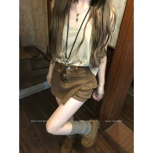 LF  レトロ  キュロット  デニムスカート & タンクトップTシャツ  カジュアル  大人可愛い