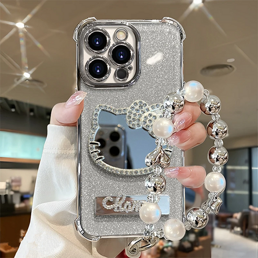 LF  鏡付き  折り畳みホルダー付き  スマホケース  携帯電話ケース  Hello Kitty  ハートリボンチェーン
