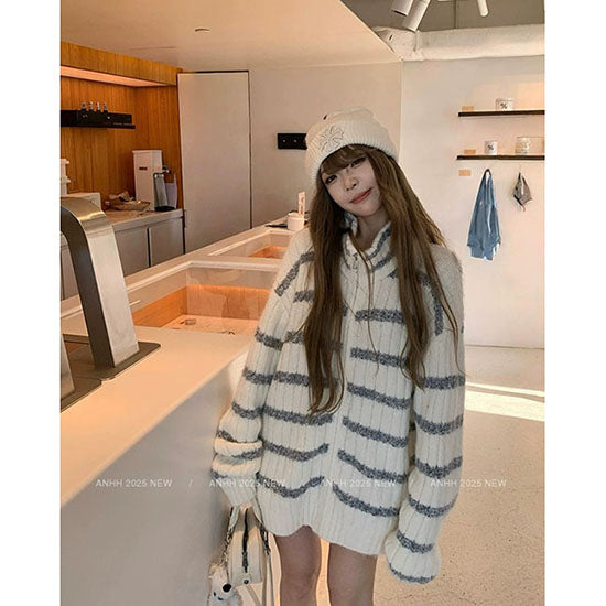 LF  ボーダーニットプルオーバー  ゆったりシルエット 柔らか素材 暖かい 可愛い カジュアルコーデ