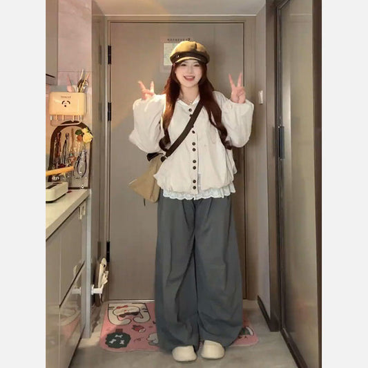 LF  かわいい  韓国系コート   レースインナーシャツ  ワイドパンツ  着痩せ  ゆったり  セット