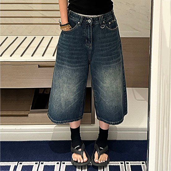 LF04  アメリカンレトロ  ゆるストレートクロップドデニムパンツ  ワイドパンツ