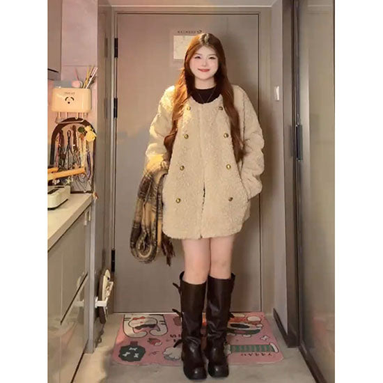 LF  ゆったり  レトロ  ダブルボタン  モコモコ  コート