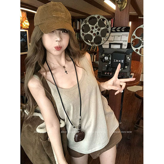 LF  レトロ  キュロット  デニムスカート & タンクトップTシャツ  カジュアル  大人可愛い