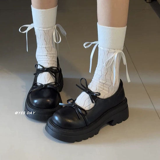 LF  かわいい  リボン  厚底  レトロ  パンプス  ローファー