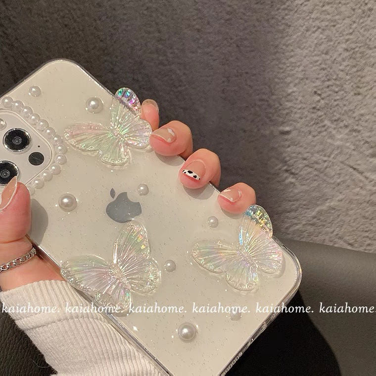 OL 仙気立体蝶バラ真珠透明シリカゲル携帯電話ケース