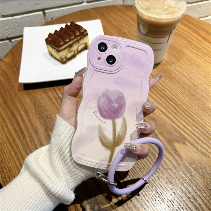 YQQ  パープルチューリップ スマホケース  携帯電話ケース  ハンギングリング付き